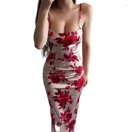Casual Dresses Rose Print Camisole Dress Women's Floral Sexy Backless Long