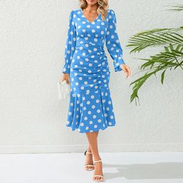 Casual Dresses Women Long Sleeve Polka Dot Ruched Party Dress Elegant V Neck Slim Fit Mid Length Fishtail Skirts Pleated Mermaid