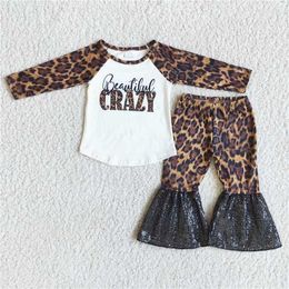 Clothing Sets Spring Fashion Kids Leopard Print Long Sleeve Sequin Flare Pants Set Boutique Wholesale Baby Girls Children Outfits