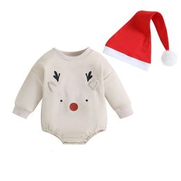 RUEWEY Christmas born Baby Girl Boy Clothes Autumn Winter Bodysuit with Hat Baby Stuff Elk Print Long Sleeve Jumpsuit for Kid 240409