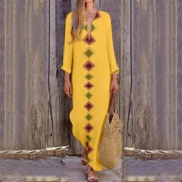 Casual Dresses Boho Long Sleeve Deep V Dress Geometry Print Loose Maxi Dressed Vintage Holiday Kaftan 2024 Feamale Slim Fit Vestido