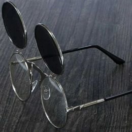 Sunglasses Retro Flip Round Sunglasses Man Woman Metal Steampunk Style Sun Glasses Male Female Double Circular Clear Lens Eyeglasses