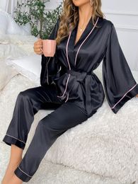 Simple Satin Pyjama Set Long Sleeve Robe With Belt V Neck Elegant Loungewear Womens Sleepwear 240409