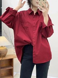 Women's Blouses Blouse Stylish Clothes For Women Autumn Spring Korean Fashion Long Sleeve Lapel Dark Red Solid Shirts Large Size