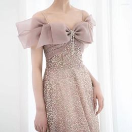 Party Dresses Sparkly Pink Sequin Cocktail Bow Collar Beading Sleeveless A-line Floor Length Graduation Women Evening Prom Gowns