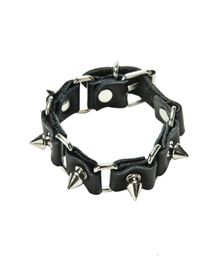 JETTINGBUY 1Pc Cool Wolf Tooth Bangle Fashion Gothic Metal Cone Stud Spikes Rivet Leather Wristband Men Punk Style9854300