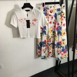Summer Floral Midi Dress Sets 2 Piece Womens Outfit Short Sleeve White Letters Print T Shirt and Print Skirt Suit Two Pieces Casual Daily Clothing Set