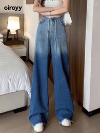 Women's Jeans Blue Women High Waisted 2024 Autumn Drawstring Loose Wide Leg Trousers Vintage Burr Oversized Washed Denim Pants