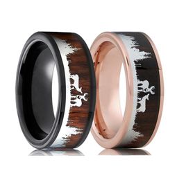 8MM Black Stainless Steel Ring For Men Women Koa Koa Wood Inlay Deer Stag Hunting Silhouette Ring Wedding Band Jewellery Fo Man3110015