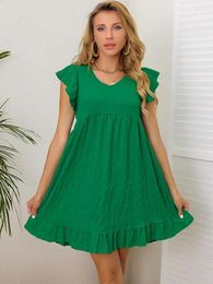 Casual Dresses Sweet Summer Dress Women Lady Elegant Fold Solid Short Butterfly Sleeve Beach Mini Vestidos Green