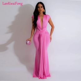 LKF Fashionable Party Dress Sleeveless Deep V Waist Sexy Solid Colour Stretch Elegant MIDI Long Evening Dress 240408