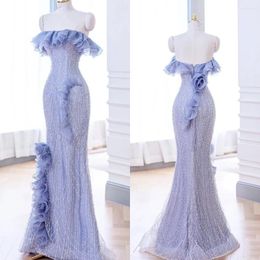 Party Dresses 18157#Elegant Lavender Purple Flower Ruffles Beaded Lace Mermaid Evening Dress Spaghetti Strap Sleeveless Prom Women Gown