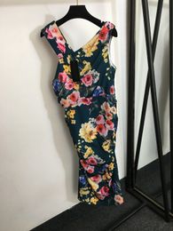 Women's Evening Party Dresses Summer Runway Designer Floral Print Dress Elegant V Neck Sleeveless Slim Midi Dress Sexy Vintage Vestidos Para Mujer