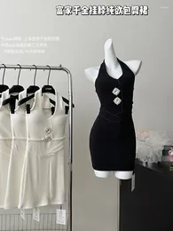 Casual Dresses 2000s Aesthetic Halter Dress V-Neck Elegant Temperament Sexy Slim Prom Gown Spring Summer Corset Diamonds Chic Streetwear