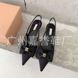 casual slippers heel sandal MIUs pointed heel sandals with a shallow cut rhinestone bow and silk satin single shoe for women