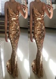 Light Rose Gold Mermaid Prom Dresses Sexy Spaghetti Straps VNeck Sleeveless Sequined Long Prom Dress Glamorous Fashion Formal Par8560751