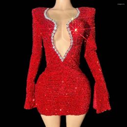 Stage Wear Sparkly Red Sequins Rhinestones Short Dress Women Sexy Deep V Neck Party Evening Celebrate Birthday Club Performance