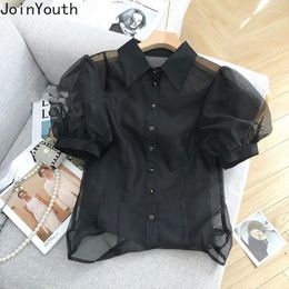 Women's Blouses Black Gauze For Women Tunic Puff Sleeve Summer Shirts 2024 Blusas Mujer De Moda Temperament See Throught Blouse Tops
