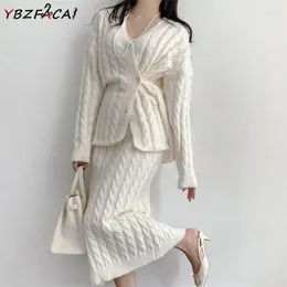 Work Dresses Korean Women's Set Autumn/Winter Elegant Buttons Twist Knitted Cardigan Coat Knee-Length Skirt Casual Loose 2 Piece