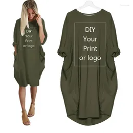 Casual Dresses DIY Your Like Po Or Logo Autumn Womens Fashion Pocket Loose Dress Ladies Crew Neck Long Girl Tops