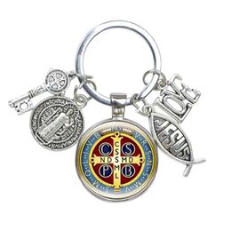 RFLB Keychains Lanyards Saint Benedict Medallion Keychain Religious Jewellery I LOVE JESUS Alloy Crafts Charms Domed Glass Catholic San Benito Key Ring d240417