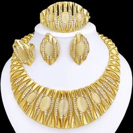Dubai Gold Color Jewelry Set For Women Quality 18K Plated Opal Bold Necklace Earring Ring Bracelet 240402