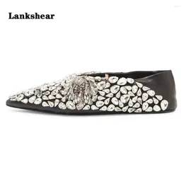 Dress Shoes Crystal Diamond Pointed Toe Women Flats Luxury Designer Loafers Genuine Leather Rhinestone British Style