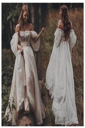 New Beach Chiffon A Line Printed Open Back Beach Boho Embroidery Ivory Off The Shoulder Princess Wedding Dress Puff Sleeves Bridal6047408