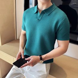 Men's Polos 2024 Summer Striped Jacquard Ice Silk Knit Polo T Shirt Men Short Slereve Slim Casual Lapel T-Shirt Social Party Clothing