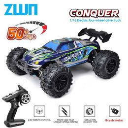 Diecast Model Cars ZWN 1 16 50KM/H four-wheel drive RC car with LED lights 2.4G remote control car childrens high-speed drift monster car vs. Wltoys 144001 toy J240417