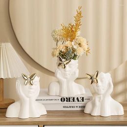 Vases Nordic Butterfly Human Face Shaped Ceramic Vase Home TV Living Room Dining Decor Flower Container Girl White 1Pc