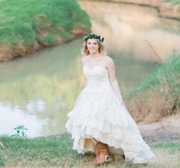 2020 Country Western High Low Wedding Dresses Lace Sweetheart Lace Up Tiered Custom Made A Line Plus Size Bridal Gowns9562951
