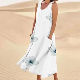 Casual Dresses Womens Elegant Floral Printed Sleeveless Long Dress Summer Tank Vintage Holiday Beach Pockets Sundress