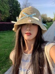 Wide Brim Hats Blue Bow Straw Hat Female Flower Sun Protection And Sunshade On The Beach 2024 Summer Grass Knitted Fisherman's