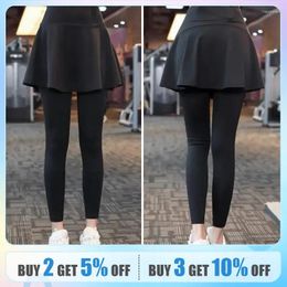 Women's Leggings The Yoga Tennis Skirt High Waist Slimming Sports Training Short Two-layer Anti-empty Half-length Pleated