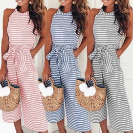 Elegant Sexy Jumpsuits Women Sleeveless Striped Jumpsuit Trousers Wide Leg Pants Rompers Loose Style Belted Leotard Overalls 240417