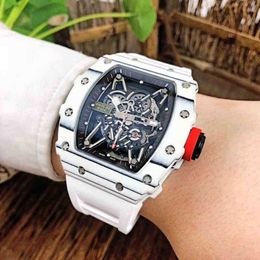 Mens White Richardmill Watch Automatic Mechanical Carbon Fiber Personalized Hollowed Out Tape Waterproof Tide Factory Original