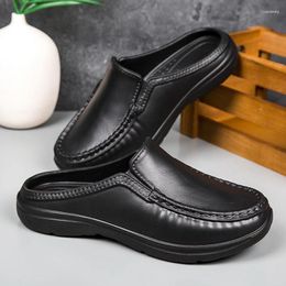 Slippers Men's Anti-skid Driving Shoes Chef's Breathable Leather Casual Sandals High-quality Soft Sole Half