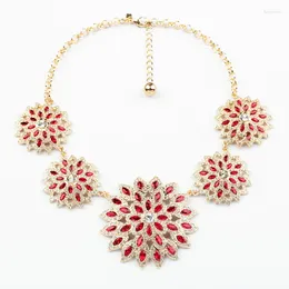 Choker Elegant Shiny Red Crystal Flower Pendants Necklace Gold Colour Collar Statement For Women Party Jewellery