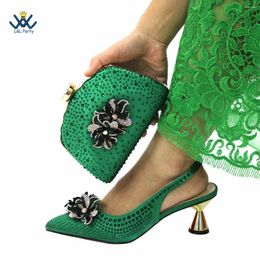 Dress Shoes Spring Autumn Pointed Toe Slingbacks Matching Bag Set In Green Color For Nigerian Women Wedding Party