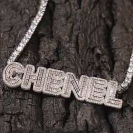 Custom Hip Hop Jewelry Baguette VVS Moissanit Tennis Linkkette Sterling Sier Name Brief Anhänger Halskette