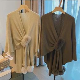 Women's Knits 5 Colours Womens Criss-Cross Knitted Solid Sweater Autumn Fur Ball Loose Cardigans Knitwear Capes Outstreet Wear Shawl