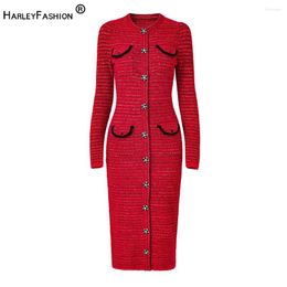 Casual Dresses 2024 Spring French Style Chic Gorgeous Design Diamonds Buttons Woven Solid Red & Royal Blue Tweed Women Straight Midi Dress