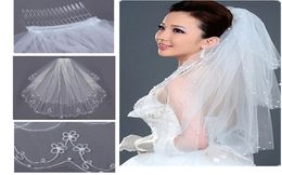 Bridal Veils 2 Layers Embroidery Pearl Elbow Length Formal Veil Cheapest Long Veu De Noiva Longo Purfle with Comb For Wedding Veil6012251