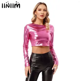 Women's Tanks Womens Fashion Metallic Crop Top Round Neck Long Sleeve T-Shirt Raves Party Music Festival Slim Fit Tops Clubwear Streetwear