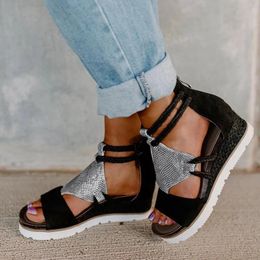 Dress Shoes Women's Summer Sandals Wedge Heel Open Toe Fish Mouth Zipper Thick Sole Slope Roman Style Zapatos Mujer 2024