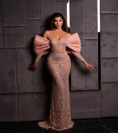 Shiny Sequins Beads Prom Dresses Elegant Pink Mermaid Evening Dress Custom Made Long Sleeves Glitter Women Celebrity Party Gown7516962