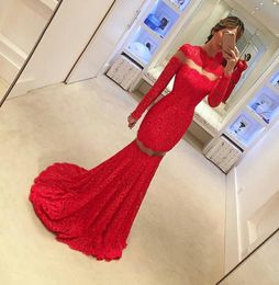 Special High Neck Red Prom Dresses Long Sleeve SeeThough Lace Mermaid Evening Gowns Zipper Back Sweep Train Party Dress9473042