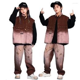 Clothing Sets Boys Girls Children Vest Pant Streetwear Fashion Hip Hop Loose Jacket Jeans Trousers Kids Costume Stage Dance