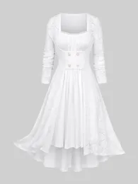 Casual Dresses ROSEGAL Plus Size Ruched Lace Trim Hollow Out Textured Faux Pearl Buttons High Low 2 In 1 Dress White Square Collar Midi
